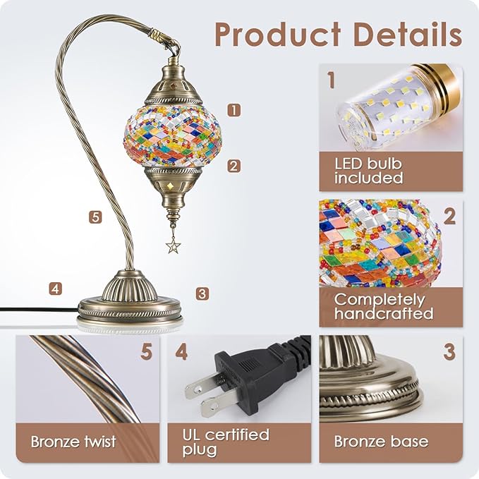 Yarra-Decor Turkish Moroccan Lamp with Bronze Base 3-Way Color Changing Handmade Swan Neck Tiffany Mosaic Glass Bedside Lamps for Bedroom (LED Bulb Included) (Colorful)