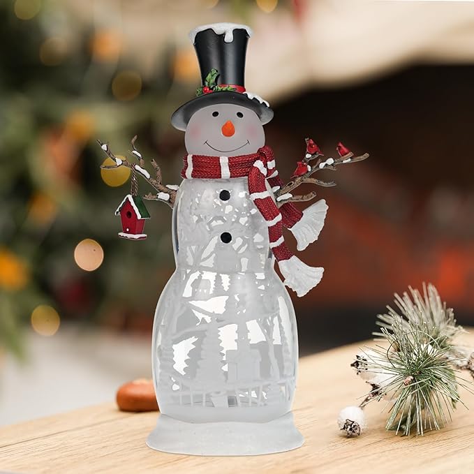 Large Snowman Christmas Snow Globe with Cardinals - Rotating Internal Scene with Swirling Glitter & Colorful Lights, 6H-Timer, Battery/USB Powered, Holiday Christmas Decoration(Snowman Cardinals)