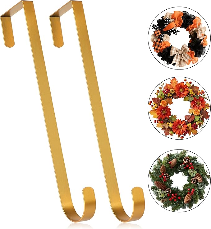 MCFULL 12 in Wreath Hangers for Front Door,Sturdy Metal Wreath Doors Hangers,Over The Door Hooks for Front Porch Decor,Gold Garland Hooks Holders for Halloween Christmas Decorations,2 Packs