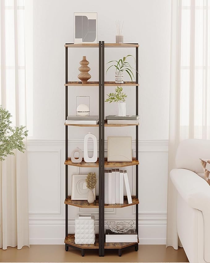 Hzuaneri Corner Shelf Stand, Corner Bookshelf, Storage Standing Shelf Unit with Metal Frame, Plant Stand, Bookcase for Living Room, Home Office, Bedroom, 6-Tier Rustic Brown CS06001B