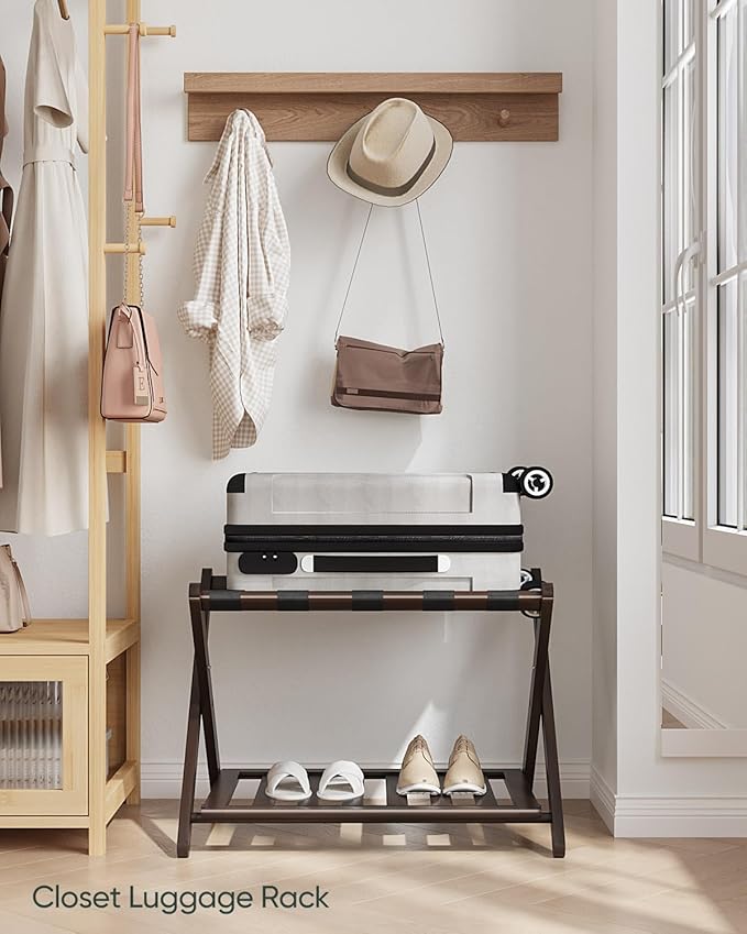 Fully Assembled Bamboo Luggage Rack, Folding Suitcase Stand with 5 Nylon Straps, Luggage Holders with Shelf, Ideal for Guest Room, Bedroom, Hotel, Espresso