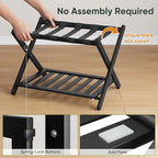 2 Packs Fully Assembled Black Bamboo Luggage Racks with Shoe Shelf, 5 Straps Folding Suitcase Stand, Heavy Duty Luggage Holders for Guest Room, Bedroom, Hotel