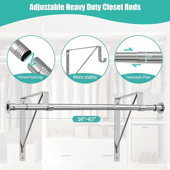 Closet Rod, 16 to 63 Inch Closet Rods Heavy Duty Adjustable Wardrobe Poles for Hanging Clothes and Heavy Duty Bracket Closet Pole Support (The Shelf NOT Included)(Silver)