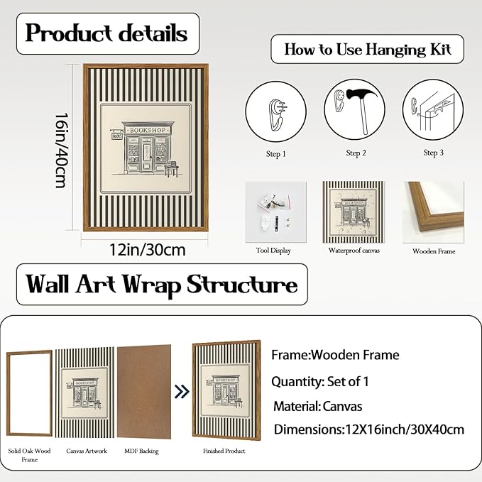 Vintage Striped Bookshop Wall Art, Retro Black and White Pictures Wall Decor College Minimalist Canvas Prints Paintings for Bathroom Bedroom Living Room 12x16 inch Framed