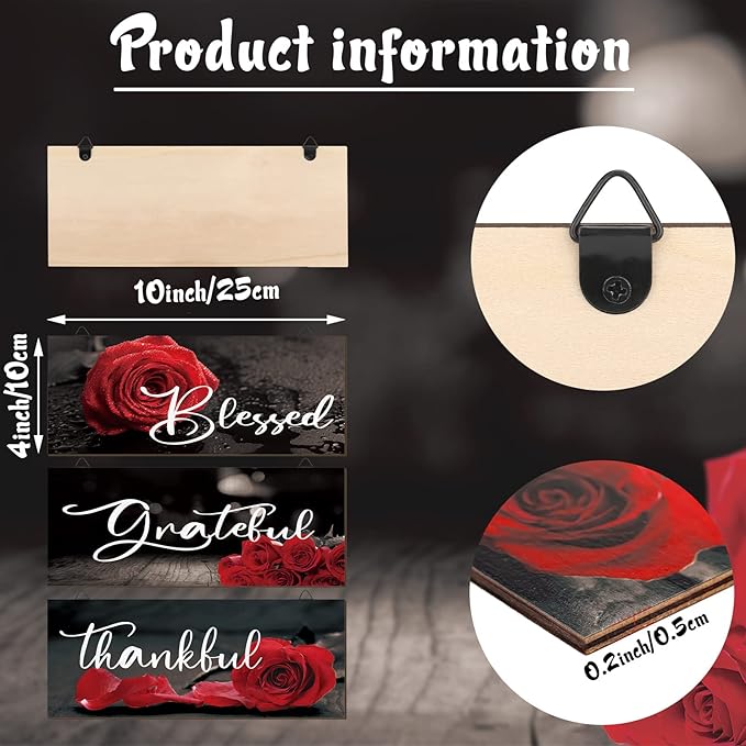 Hillban 3 Pieces Rose Wooden Wall Decor Rose Bathroom Decor Thankful Grateful Blessed Accessories Inspirational Wall Art Signs for Living Room Kitchen Wedding(10 x 4 Inch,Red)