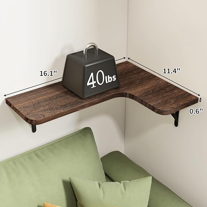 Fixwal Corner Floating Shelves for Wall Set of 5, Rustic Wood Wall Mounted Shelf for Bathroom, Kitchen, Bedroom, Home Decor, Laundry Room, Living Room (Dark Carbonized Black)