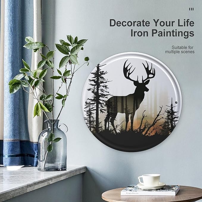 Wall Picture, with Deer Silhouette Printed Circular Iron Hanging Picture,Wall Art Decor,Home for Bedroom Living Room Bathroom Decor,Iron Painting 11.8X11.8 in