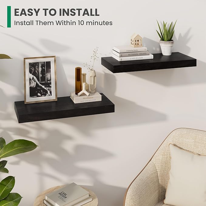 Solid Wood Floating Shelves For Wall, 24”W x 9”D x 1.56”H Large Wall Shelves for Living Room Bedroom Bathroom Kitchen Drcor Storage with Invisible Heavy-Duty Metal Bracket, Carbonized Oak, 2 Pack