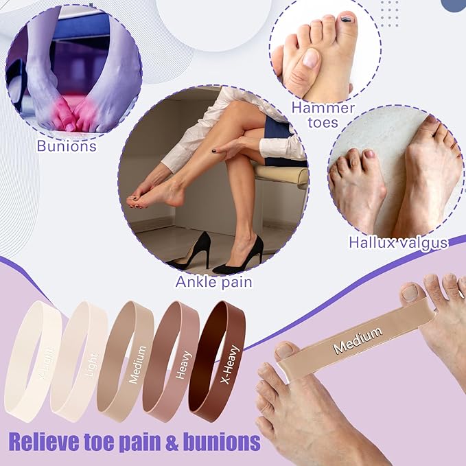 Set of 5 Toe Stretcher Band Separator Spacer Bunion Correction Hallux Valgus Alignment Foot Stretcher Straightener Resistance Loop Yoga Exercise Foot Care with Carry Bag(Coffee)