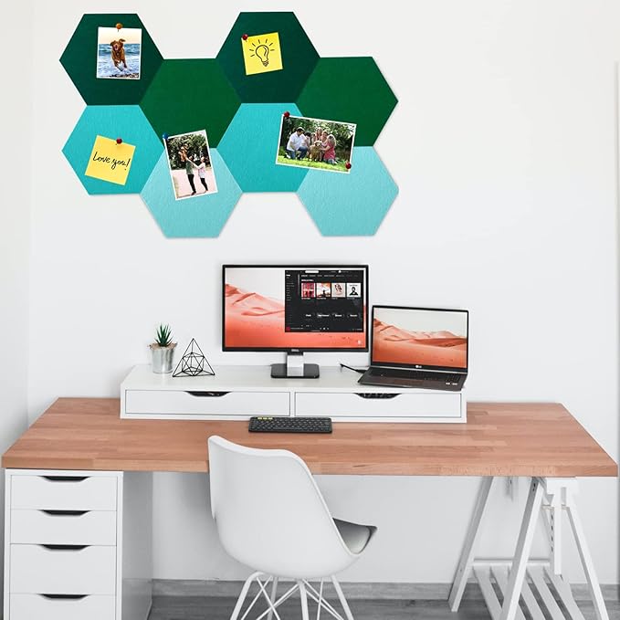 8Pcs Hexagon Felt Cork Board Tiles, Self Adhesive DIY Bulletin Board Pin Board for Office School Home Wall Decor Stickers Memos Photos Display (Gradual Green)