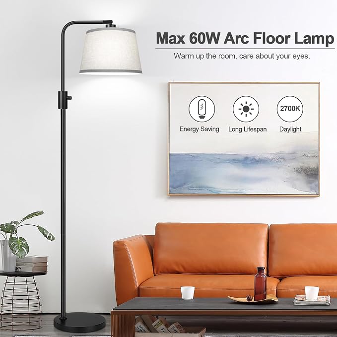 【Upgraded】 Dimmable Floor Lamp, 1000 Lumens LED Edison Bulb Included, Arc Floor Lamps for Living Room Modern Standing Lamp with Gray Shade, Tall Lamps for Living Room Bedroom Office Dining Room