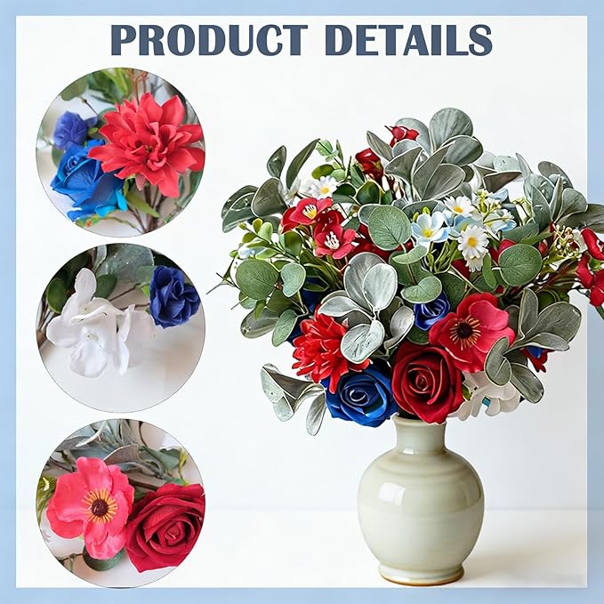 Idyllic 6 Pcs Red White & Blue Patriotic Floral Stems, Artificial Roses Hydrangeas Daisies for 4th of July, Memorial Day Wreath & Holiday Decor