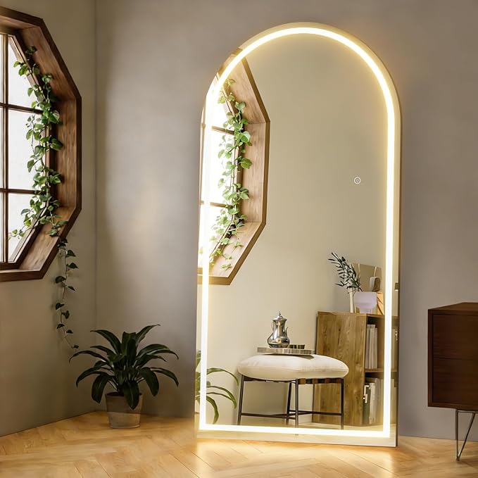 Arched 71"x32" Full Body Mirror with Light, LED Floor Mirror, Wall Mounted Dimming & 3 Color Lighting for Bedroom, White