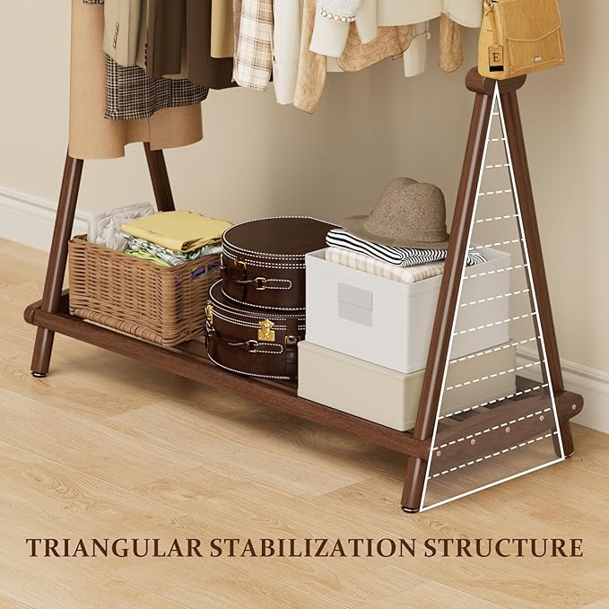 Solid Wood Clothes Rack,Freestanding Garment Rack & Coat Tree,Extra-Long 39.38" Hanging Rod, Double Storage Shelves for Bedroom, Entryway, Hallway