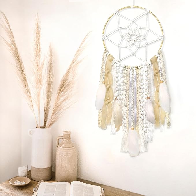 LOMOHOO Large Dream Catcher Handmade Feather Dreamcatcher, Traditional Dream Catchers with Woven Tassels Boho Wall Hanging for Girl Kids Bedroom Baby Room Home Decor Craft Ornament Gift (Champagne)