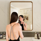 LOAAO 20X30 Inch Bathroom Mirror with Wood Grain Colored Metal Frame, Rounded Rectangle Metal Framed Bathroom Mirror, Anti-Rust, Hangs Horizontally or Vertically