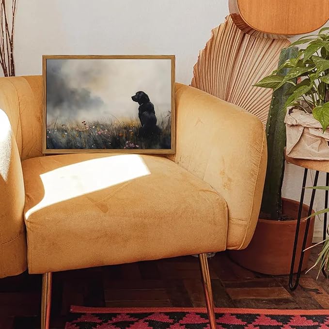Framed Vintage Black Dog Canvas Wall Art, Rustic Hunting Dog in Wildflower Meadow Pictures Wall Decor, Farmhouse Animal Nature Paintings Prints Home Decor for Living Room Bedroom 16x24 inch