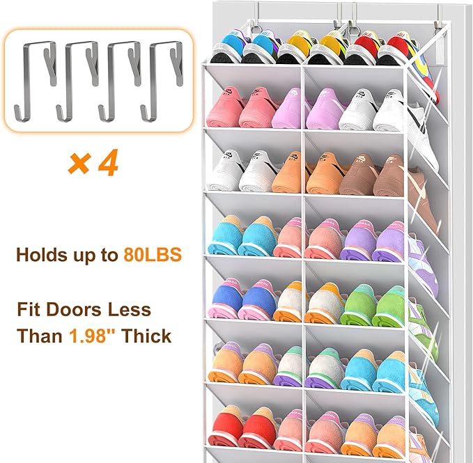 20-30 Pairs Over the Door Shoe Organizer, Clear Pockets Hanging Shoe Storage for Closet, 10-Tier Door Shoes Rack, Handing Shoes Holder Fit All the Family's Sneakers, Boots, Heels, Light Grey