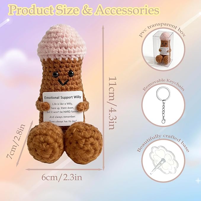 Funny Positive Crochet Animals Gag Doll Emotional Support Stuffed plushies for Men and Women Friends, Weird Things Motivational Office Decor Valentine‘s Day Gifts (Emotional Willy)