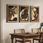 Framed Wood 3D Boho Textured Wall Art for Living Room, Large 3 Piece Carved Wooden Tropical Botanical Artwork for Walls, Brown Monstera Leaf Wood Bedroom Dining Room Home Office Wall Decor, 20x30 Inch