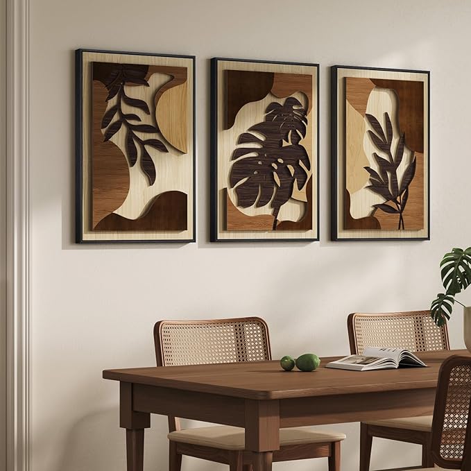 Framed Wood 3D Boho Textured Wall Art for Living Room, Large 3 Piece Carved Wooden Tropical Botanical Artwork for Walls, Brown Monstera Leaf Wood Bedroom Dining Room Home Office Wall Decor, 20x30 Inch