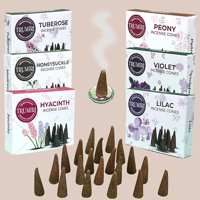TRUMIRI Blossom Incense Cones - Variety Pack - Total 60 Cone Incense (6 Scents x 10 Conos) - Peony, Lilac, Violet, Honeysuckle, Hyacinth, Tuberose - Cone Incense Scents - Insense Cones - Incent Cone