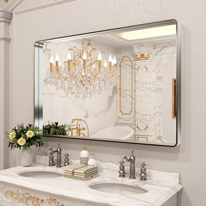LOAAO 55X36 Inch Brushed Nickel Bathroom Mirror, Rounded Rectangle Silver Metal Frame Mirror, Brushed Nickel, Anti-Rust, Shatter Proof, Hangs Horizontally or Vertically