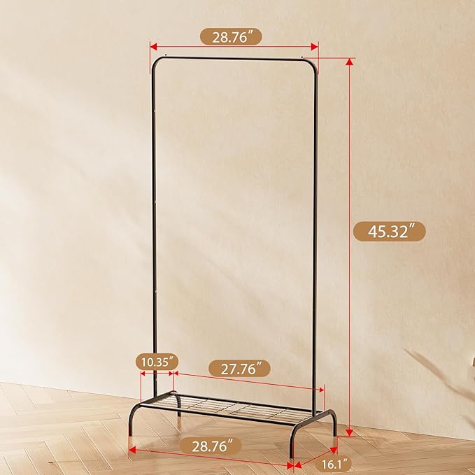 Modern Clothes Rack, 45" Height Garment Rack for Small Spaces, Stable Standing Clothing Organizer with Bottom Shelf, Portable Rack for Dorm, Apartment & Studio, 92LBS Capacity, Black