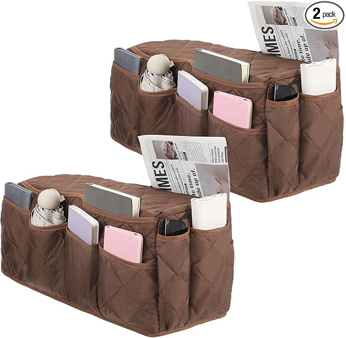 uxcell 2 Pcs Recliner Armchair Caddy, Couch Armrest Organizer with 14 Pockets for Bedside Sofa Remote Control Holder Magazine Phone Book Glasses (Brown, 20" x 7" x 9")