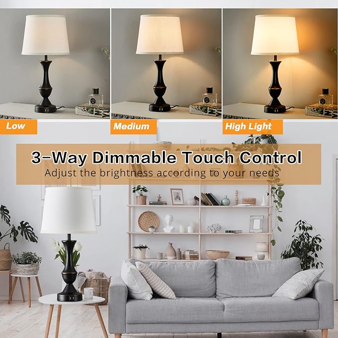 Luvkczc Touch Table Lamps Set of 2, 22" Tall Bedside Lamps with USB C+A Ports,Dimmable Nightstand Lamps, Table lamp for Bedrooms, Living Room, Office, Black Lamp with White Lampshade, Bulbs Included