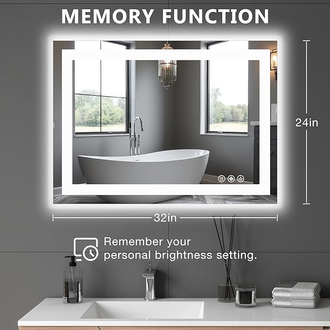 DUMOS 24.1"x32.1" LED Bathroom Mirror, Smart Anti-Fog Bathroom Vanity Mirror with Front Light & Backlit, 3 Color Temperatures, Dimmable, Memory Function