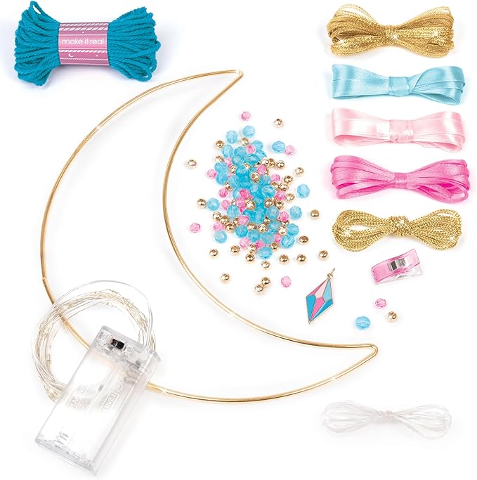 Make It Real: Lunar Dream Catcher with Lights - 131pc DIY Décor Craft Kit, Blue-Gold-Pink, Moon-Shaped, Fairy Lights-Yarn-Ribbon, Tweens-Girls-Kids 8+