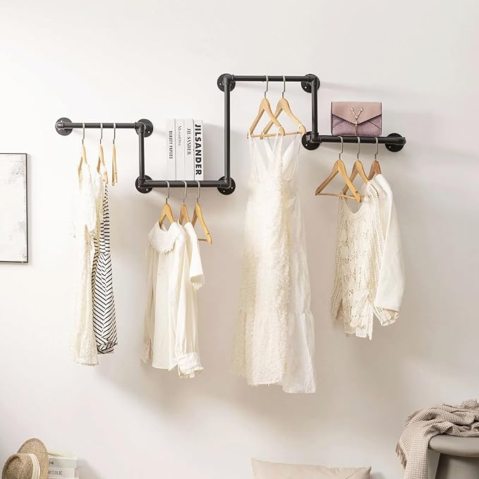 Industrial Pipe Clothing Rack with 2 Floating Shelves, 3 Hanging Rods Wall Mounted Garment Rack, Heavy Duty Iron Clothes Bar, Space-Saving Clothing Hanging Rails for Closet (3 hanging rods 2 shelves)