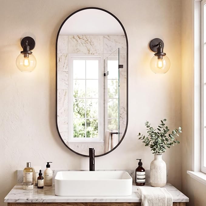 Sweetcrispy 24" x 48" Black Bathroom Mirror for Wall, Oval Walls Mirror with Metal Frame, Tempered Glass, Modern Vanity Mirrors for Over Sink, Living Room, Bedroom, Entryway, Horizontal or Vertical
