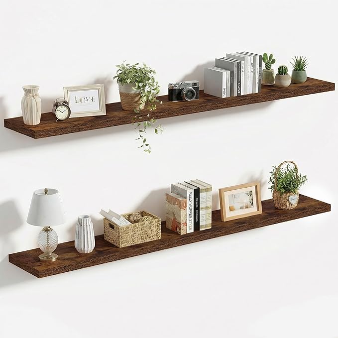 Vivelove 10 Inch Deep Floating Shelves 55 inch Long, 55 x 10 Wide Wall Shelves with Invisible Brackets, for Bedroom Bathroom Living Room Kitchen Office, Farmhouse Home Decor, Set of 2, Rustic Brown