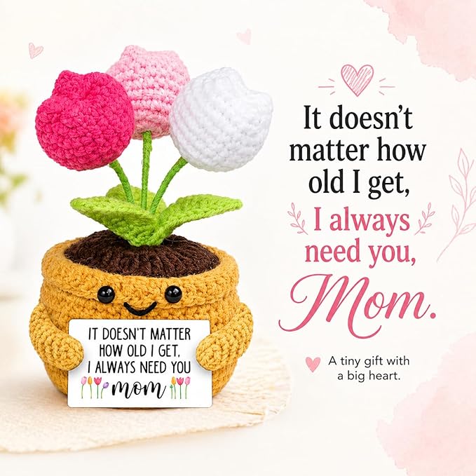 Velyra Tulip Crochet Doll, Handmade Style Emotional Support Plush Toy Figure, I Always Need You Mom Positive Flower Pot Doll, Mother's Day Birthday Gift from Daughter Son, Desk Shelf Decor
