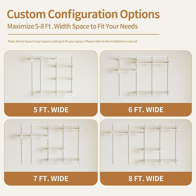 5-8 Ft Closet Organizer System, White Adjustable Custom Metal Wire Shelving Wall Mounted, Expandable Organization and Storage Shelf Kit with Hanging Rods