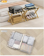 Luggage Racks, Folding Bamboo Suitcase Stand with Storage Shelf and Nylon Straps, Luggage Holders Assembled Suitcase Storage Caddy Holder for Guest Room, Hotel, Bedroom, Natural, Pack of 2