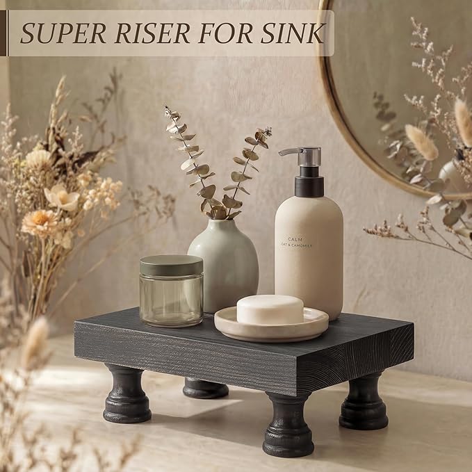 EOSAHR Retro Pine Wood Riser Display Stand for Home Decor - Farmhouse Pedestal Stand Can be used as Sponge Holder & Plant Stand - Countertop Organizer for kitchen & Bathroom(Distressed Black)