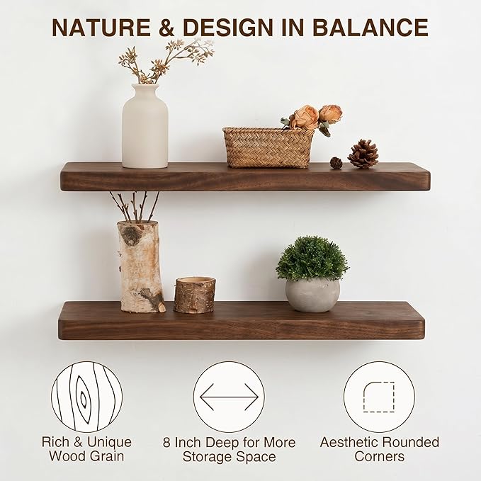 30 Inch Floating Shelves, Solid Wood Wall Shelves, 8 Inch Deep Floating Shelf – for Bathroom, Bedroom, Living Room, Kitchen, Home Decor & Storage, Heavy-Duty Wooden Shelf Wall-Mounted, Set of 2