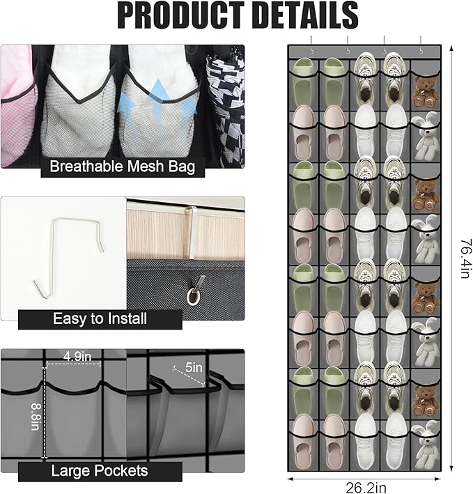 Over the Door Shoe Organizer - 40 Large Breathable Mesh Pockets, Space Saving Hanging Shoe Organizer with Metal Hooks, Hanging Shoe Rack for Men's and Women's Shoes (Grey-A)