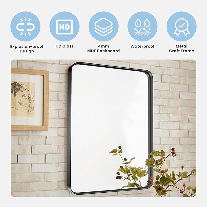 Bathroom Mirror for Wall, 40x30 Inch Rectangle Mirror, Matte Black Metal Framed Bathroom Vanity Mirror for Restroom Farmhouse, Anti-Rust, Tempered Glass, Horizontally or Vertically Hanging