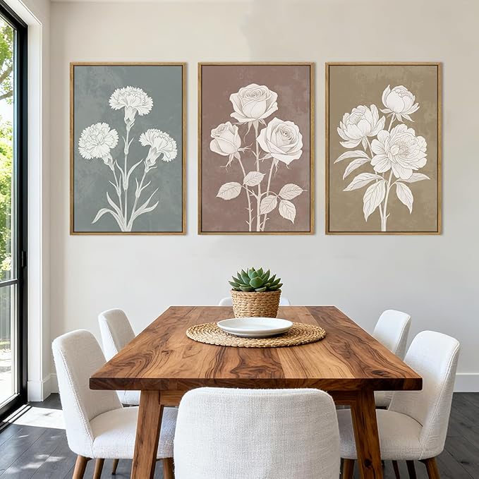 BINCUE Boho Floral Wall Painting Framed Botanical Wall Art Decor Flower Print Flower Artwork Floral Art Prints Flowers Pictures for Living Room Bedroom Dining Room Farmhouse 16x24 Inch Set of 3 Gift