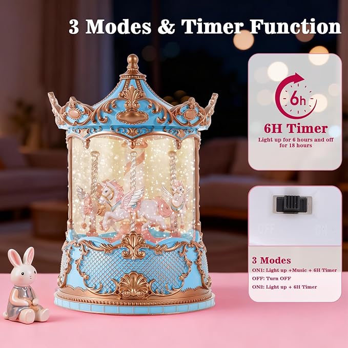 Gifts for Mom Blue Carousel Horse Snow Globe Music Box with Rotating Horses Musical Unicorn Snow Globe with Glitter for Girls, Women, Mom, Birthday Gifts Home Decorations (Blue Gold Carousel)