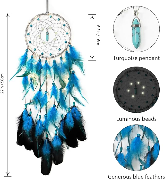 Dremisland Dream Catcher Handmade Blue Feather Dreamcatchers Wall Hanging Elegant Wall Art Room Decoration for Windows Balcony Bedroom Wedding Party Gift for Girls and Kids (Blue-with Lights)