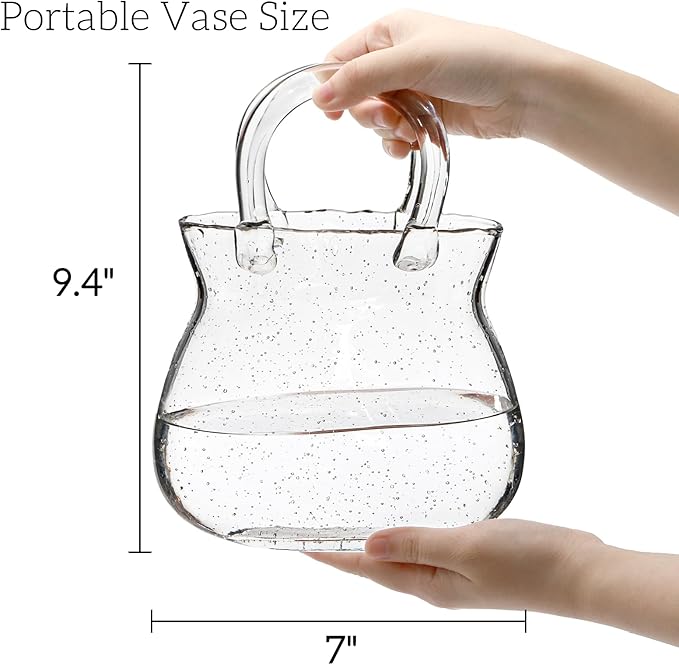 Glass Purse Vase for Flowers, Clear Bag Vase with Handle, Unique Handbag Shape Decorative Fish Bowl for Cute Room Table Shelf Decor, Wedding Centerpiece