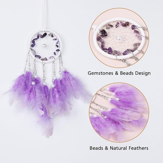 Pretty Jolly Crystal Stone Small Dream Catchers Purple Feathers Mini Dreamcatchers with Beads for Cars Rear View Mirror Hanging Decoration Good Luck Travel Charm Bedroom Ornaments for Women Girls