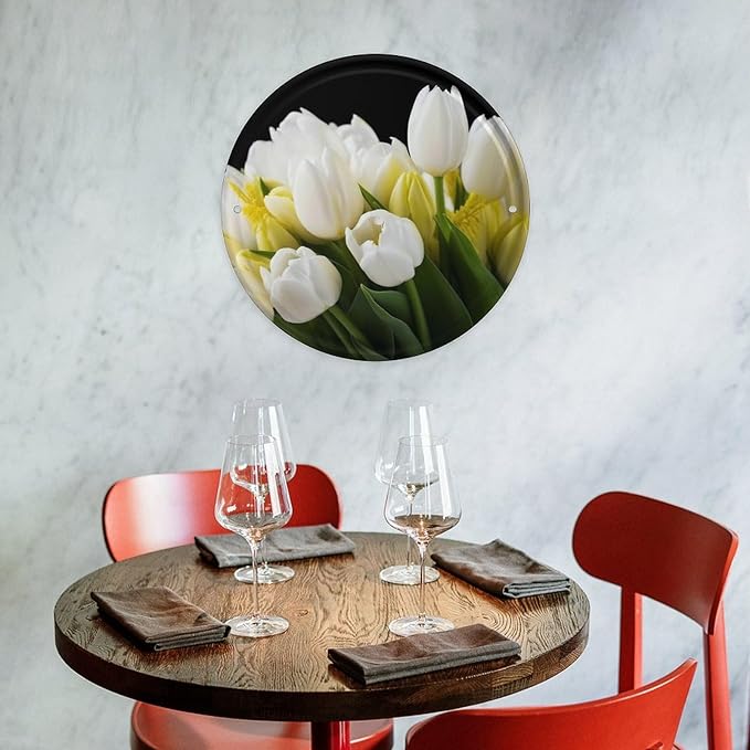 Wall Picture, with Different Flowers Printed Circular Iron Hanging Picture,Wall Art Decor,Home for Bedroom Living Room Bathroom Decor,Iron Painting 11.8X11.8 in