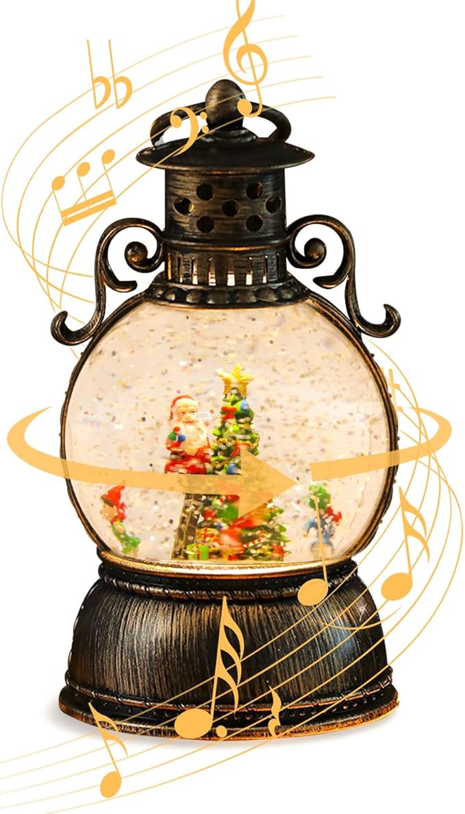 Christmas Snow Globe Lantern - Lighted Musical Water Globes with 6H Timer, Glittering Swirling Santa & Gnomes Scene, Battery/USB Powered Holiday Decoration for Indoor Christmas Decor & Gifts