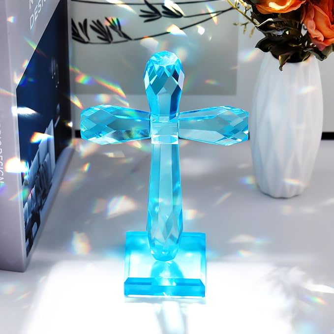 YWHL Handmade Crystal Holy Cross Decor, Religious Gifts for Women Men, Easter Pary Decor, Glass Art Collectible Figurines for Home Table (Lake Blue)